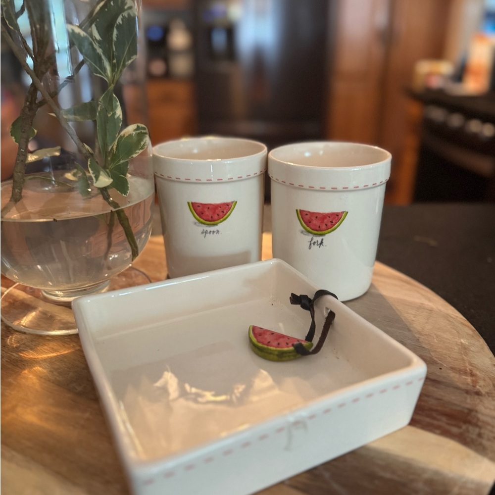 Rae Dunn Watermelon Design Ceramic Utensil Holder and Napkin Tray Set